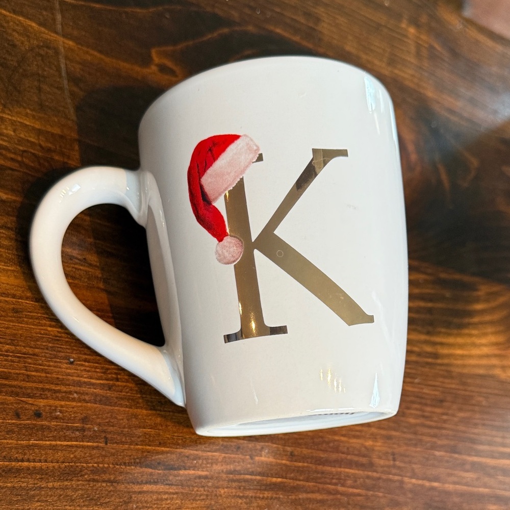 White Mug with Red Santa Hat and Gold Letter K Christmas